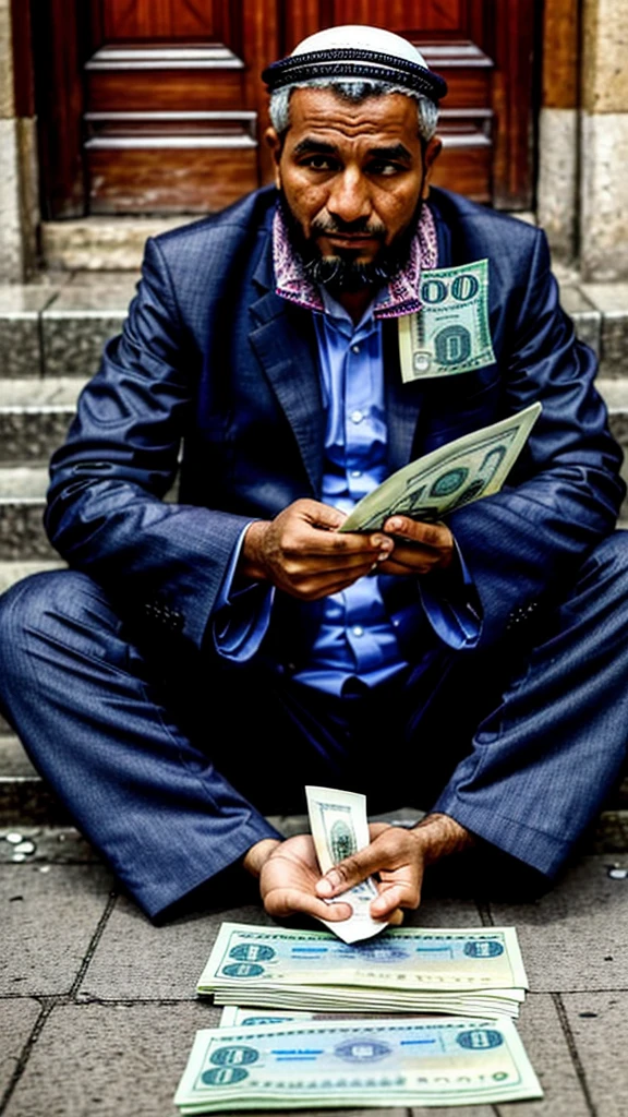 
a Muslim who was sitting calmly and beautifully holding several banknotes. Next to him was an open piece of paper, apparently containing a list of debts that had been paid off. His facial expression was full of calm and gratitude.
