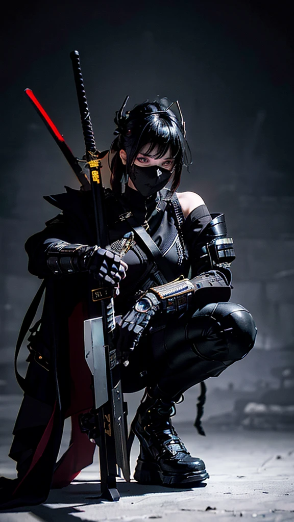 Surreal version of a woman kneeling down on one knee with sword in hand, very beautiful cyberpunk samurai,Sitting on one knee,Futuritic background, cyberpunk anime art, cyberpunk samurai, cyberpunk city anime art, cyberpunk anime, cgsociety 9, digital cyberpunk anime art, style of maciej kuciara .1girl, samurai armor, devil mask helmet, intricate, detailed ornaments, cold colors, metallic, Egyptian details, details very complex, realistic lighting, trending on social cgs, glowing eyes, facing camera, neon details, surreal details, full body portrait, Japanese atmosphere, lighting global, shadow, octane rendering, 8k, super sharp lolita.((Best quality)), ((masterpiece)), (details:1.4), 3D, image of a female cyberpunk beautiful,HDR (High Dynamic Range),Beam Range,NVIDIA RTX,Ultra High Resolution,Unreal 5,Subsurface Scattering,PBR Textures,Post-processing,Anisotropic Filtering,Depth of Field, Maximum clarity and sharpness, Multi-layer textures, Albedo and Reflection maps, Surface shadows, Accurate simulation of light-material interaction, Perfect scaling, Octane rendering, Two-tone lighting Color, Wide Aperture, Low ISO, White Balance, Rule of Thirds, 8K RAW,