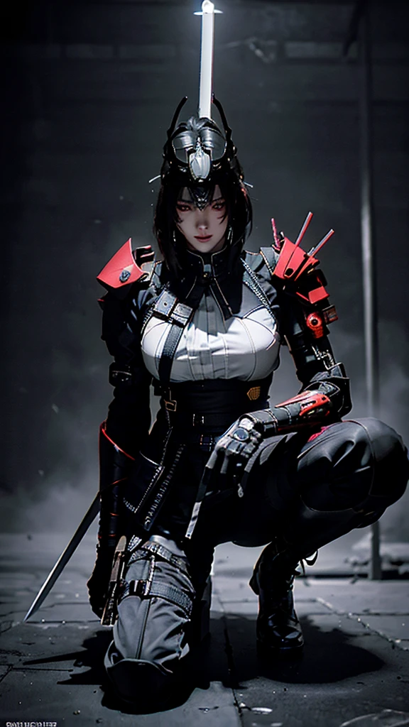 Surreal version of a woman kneeling down on one knee with sword in hand, very beautiful cyberpunk samurai,Sitting on one knee,Futuritic background,  cyberpunk anime art, cyberpunk samurai, cyberpunk city anime art, cyberpunk anime, cgsociety 9, digital cyberpunk anime art, style of maciej kuciara .1girl, samurai armor, devil mask helmet, intricate, detailed ornaments, cold colors, metallic, Egyptian details, details very complex, realistic lighting, trending on social cgs, glowing eyes, facing camera, neon details, surreal details, full body portrait, Japanese atmosphere, lighting global, shadow, octane rendering, 8k, super sharp lolita.((Best quality)), ((masterpiece)), (details:1.4), 3D, image of a female cyberpunk beautiful,HDR (High Dynamic Range),Beam Range,NVIDIA RTX,Ultra High Resolution,Unreal 5,Subsurface Scattering,PBR Textures,Post-processing,Anisotropic Filtering,Depth of Field, Maximum clarity and sharpness, Multi-layer textures, Albedo and Reflection maps, Surface shadows, Accurate simulation of light-material interaction, Perfect scaling, Octane rendering, Two-tone lighting Color, Wide Aperture, Low ISO, White Balance, Rule of Thirds, 8K RAW,