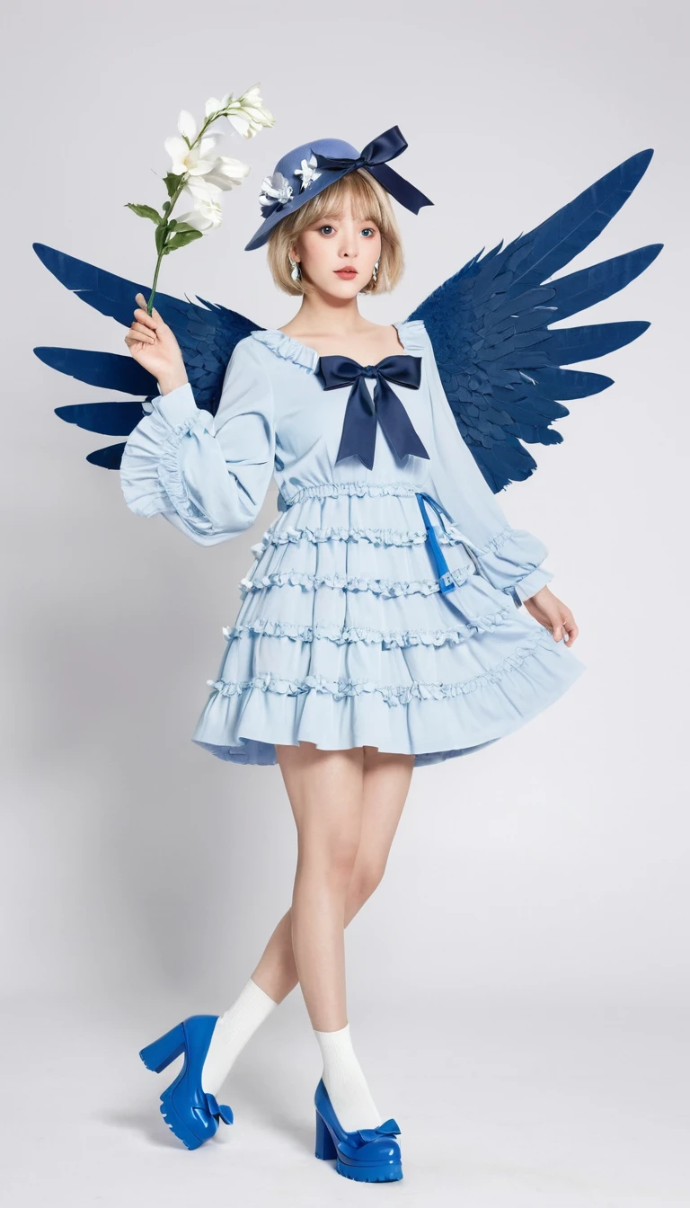 uekura, 1girl, blonde hair, white background, hat, dress, blue footwear, wings, simple background, signature, flower, nail polish, wide sleeves, long sleeves, blush, animal, white flower, solo, full body, bird, looking at viewer, high heels, hand on own cheek, hand on own face, frills, bow, bangs, ribbon, bell, blue headwear, +_+, socks, short hair, grey eyes, shoes, blue nails, feathered wings, blue bow