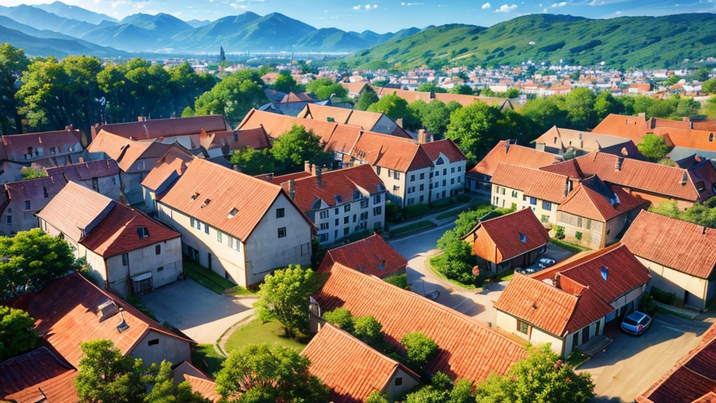 Beautiful village scene, Aerial view, Photorealistic photos. 8K
