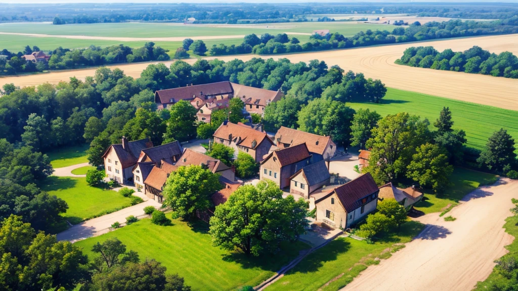 Beautiful village scene, Aerial view, Photorealistic photos. 8K