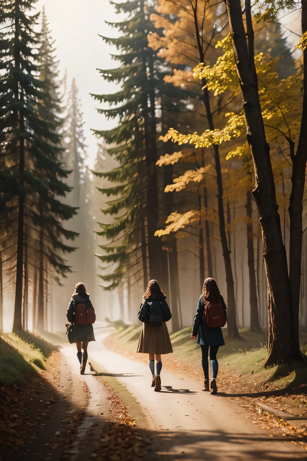 three girl in a path through the woods, fog, autumn landscape, sunlight filtering through the fog and branches