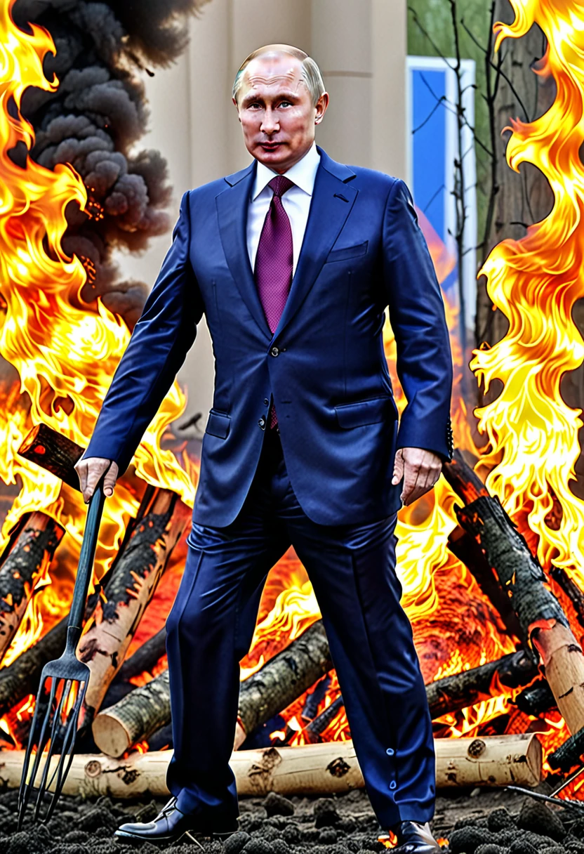 Vladimir Putin is suffering in hell, flames, devils poke pitchforks at Putin, Realism,