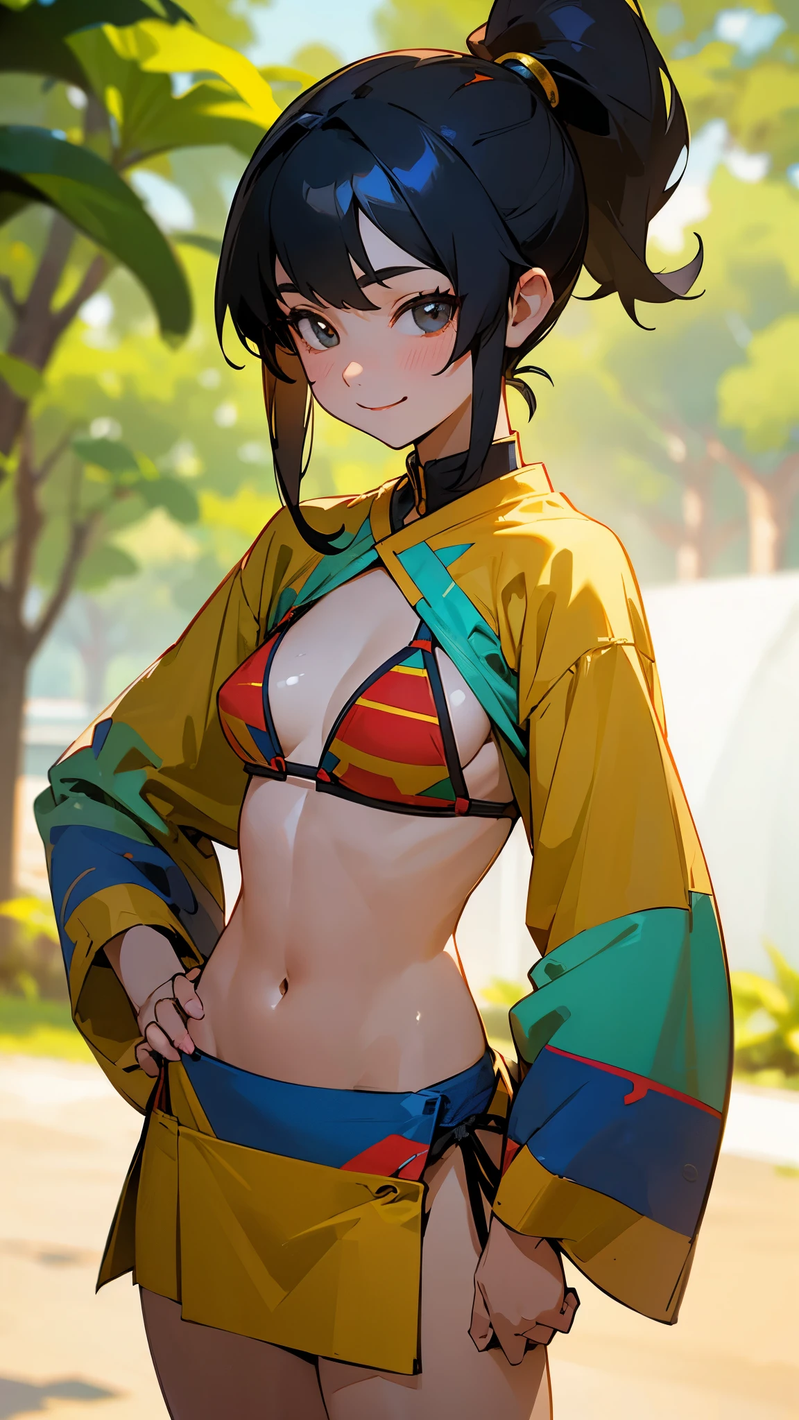 1 Girl、8K、Sharp focus、(Bokeh) (Highest quality) (Detailed skin:1.3) (Intricate details) (anime)、Black Hair, Side Ponytail、18-year-old、(Please put your hands on your hips)、chest、Slim figure、bikini、A pareo skirt with bold ethnic patterns and plenty of primary colors、Realistic Skin、Shiny skin, Sunburned skin、Cowboy Shot、Side body、smile、smile、Park in the background、Soft lighting