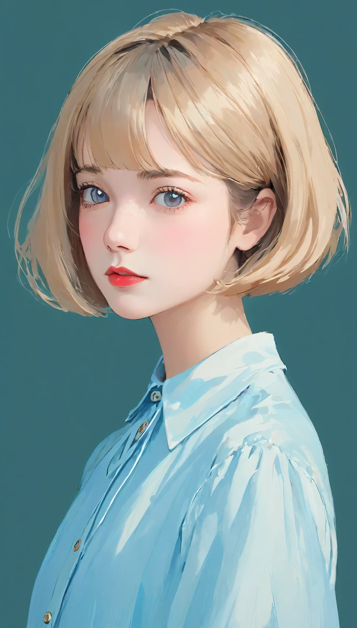 masterpiece, best quality, 1. Miss, 14 years old, pretty girl,((short hair)), Surrealism、Simple background、Solid color background、