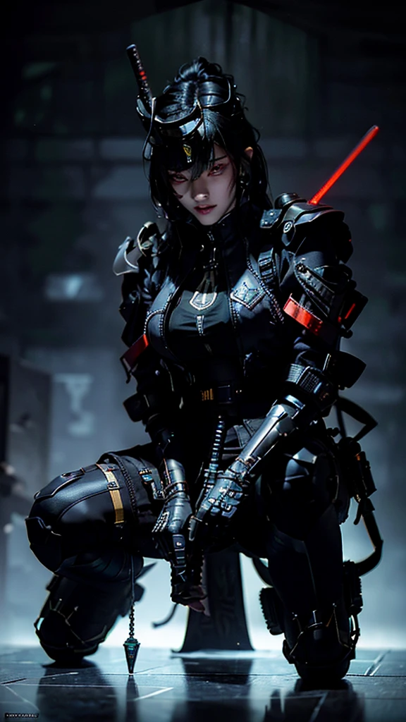 Surreal version of a woman kneeling down on one knee with sword in hand, very beautiful cyberpunk samurai,Sitting on one knee,Futuritic background,  Cool pose lady,cyberpunk anime art, cyberpunk samurai, cyberpunk city anime art, cyberpunk anime, cgsociety 9, digital cyberpunk anime art, style of maciej kuciara .1girl,cool pose, samurai armor, devil mask helmet, intricate, detailed ornaments, cold colors, metallic, Egyptian details, details very complex, realistic lighting, trending on social cgs, glowing eyes, facing camera, neon details, surreal details, full body portrait, Japanese atmosphere, lighting global, shadow, octane rendering, 8k, super sharp lolita.((Best quality)), ((masterpiece)), (details:1.4), 3D, image of a female cyberpunk beautiful,HDR (High Dynamic Range),Beam Range,NVIDIA RTX,Ultra High Resolution,Unreal 5,Subsurface Scattering,PBR Textures,Post-processing,Anisotropic Filtering,Depth of Field, Maximum clarity and sharpness, Multi-layer textures, Albedo and Reflection maps, Surface shadows, Accurate simulation of light-material interaction, Perfect scaling, Octane rendering, Two-tone lighting Color, Wide Aperture, Low ISO, White Balance, Rule of Thirds, 8K RAW,