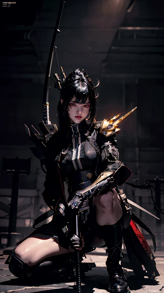 Surreal version of a woman kneeling down on one knee with sword in hand, very beautiful cyberpunk samurai,Sitting on one knee,Futuritic background, Cool pose lady,cyberpunk anime art, cyberpunk samurai, cyberpunk city anime art, cyberpunk anime, cgsociety 9, digital cyberpunk anime art, style of maciej kuciara .1girl,cool pose, samurai armor, devil mask helmet, intricate, detailed ornaments, cold colors, metallic, Egyptian details, details very complex, realistic lighting, trending on social cgs, glowing eyes, facing camera, neon details, surreal details, full body portrait, Japanese atmosphere, lighting global, shadow, octane rendering, 8k, super sharp lolita.((Best quality)), ((masterpiece)), (details:1.4), 3D, image of a female cyberpunk beautiful,HDR (High Dynamic Range),Beam Range,NVIDIA RTX,Ultra High Resolution,Unreal 5,Subsurface Scattering,PBR Textures,Post-processing,Anisotropic Filtering,Depth of Field, Maximum clarity and sharpness, Multi-layer textures, Albedo and Reflection maps, Surface shadows, Accurate simulation of light-material interaction, Perfect scaling, Octane rendering, Two-tone lighting Color, Wide Aperture, Low ISO, White Balance, Rule of Thirds, 8K RAW,