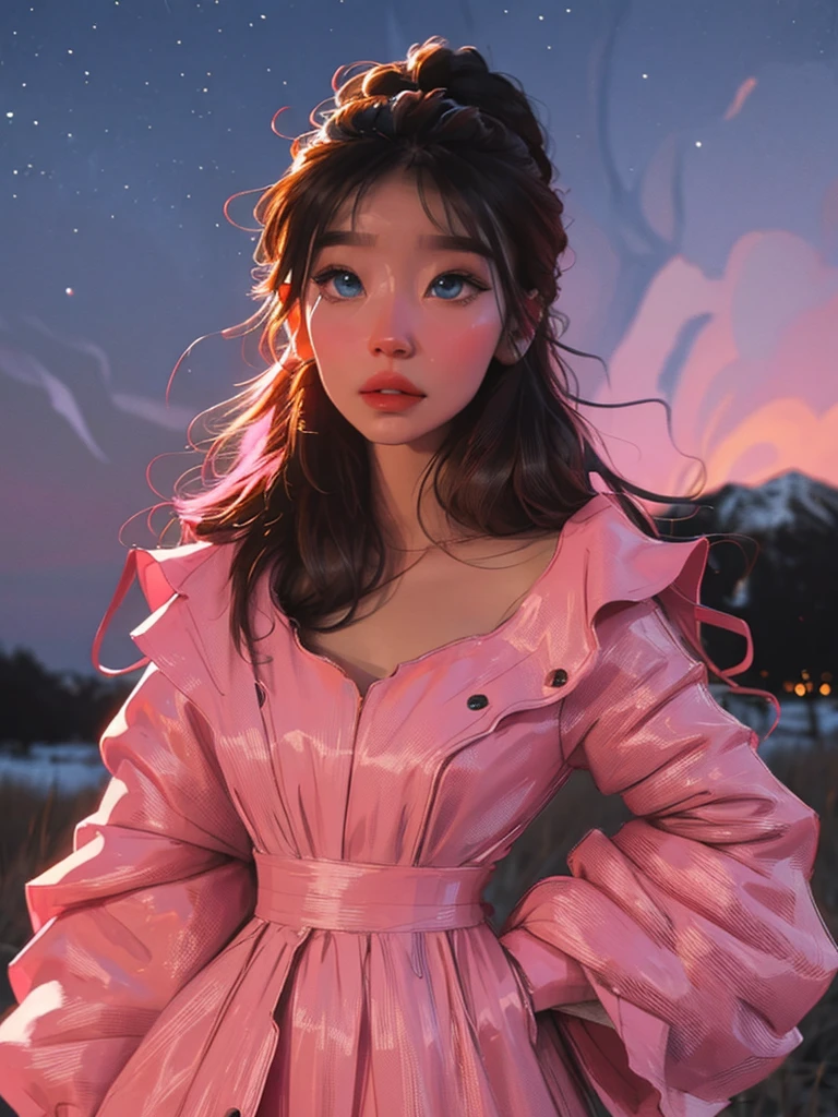 young woman, face close up, pink dress, milky developing hair, starry sky, big beautiful eyes
