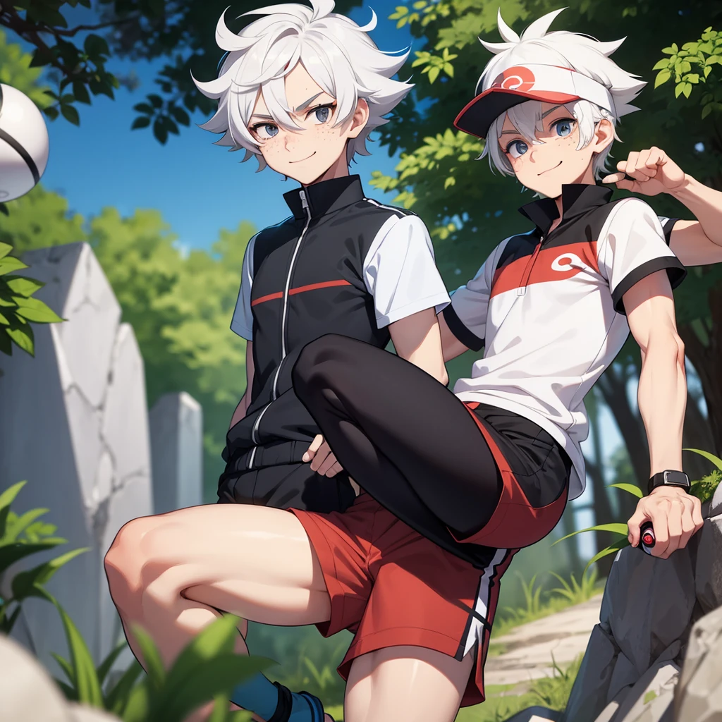Male focus,pokemon uniform,white hair,freckles,messy hair,black eyes,overgrown hair,(high resolution),holding pokeball,determined,cute,shorts,bandaid on leg,petite,bulge,cool pose,(1 male)hat on,smile