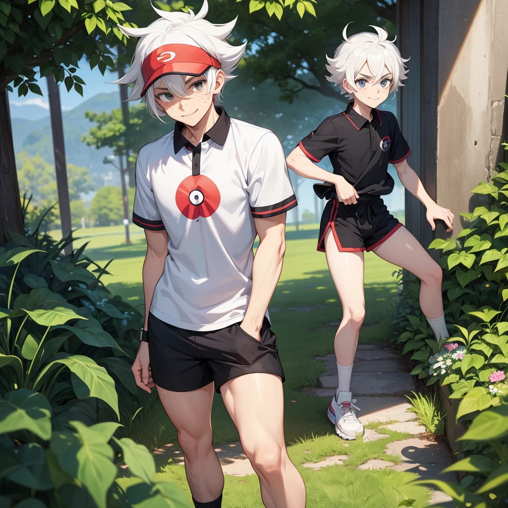 Male focus,pokemon uniform,white hair,freckles,messy hair,black eyes,overgrown hair,(high resolution),holding pokeball,determined,cute,shorts,bandaid on leg,petite,bulge,cool pose,(1 male)hat on,smile