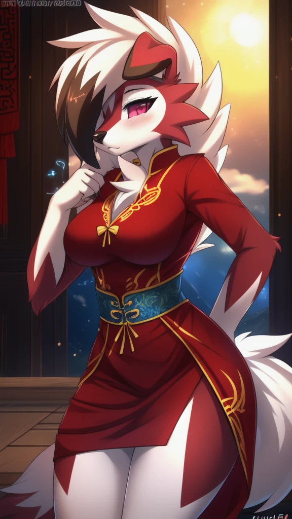 By zinfyuu on pixiv,by twistedscarlet60, uploaded on pixiv, by fluff-kevlar, (masterpiece), (best quality), (anthro furry:1.3, snout:1.2, anthro:1.3, furry:1.2, solo female:1.2),BREAK,pokemon, lycanroc, lycanroc midnight,wearing Chinese dress, sfw ,:o, kiss me, love particle