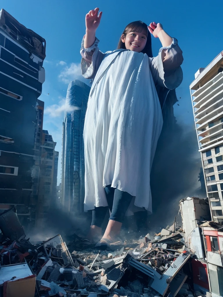 (Giantess Elements、High resolution、High resolution、high quality、Accurate body structure、Detailed body) Towering Giant Girl,50,000 feet high、Looking up at the approaching woman from below、Giants attack the city、cute、Blonde、Destroy a small town女性、Destroy a small town、Mischievous look、(Maid clothes、)Japanese、White skin、Giantess、smile、Trampling buildings、rubble、Burning Small Town、Destroyed small building、Collapsed highway、Cars are crushed、Evacuating residents、sunset、Burning Small Town、go ahead、walk、Trampling、Anatomically correct、Accurate human body、Accurate skeleton、Full body portrait、blue eyes、足元に散らばるrubble、Higher than skyscrapers、Big impact、amazing、Giantess Elements、Draw a woman in a big way、Increase the destructive element、Make the city smaller