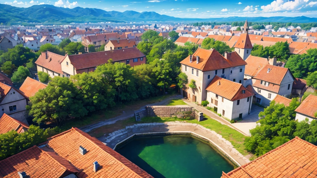 Beautiful village scene, Aerial view, Photorealistic photos. 8K