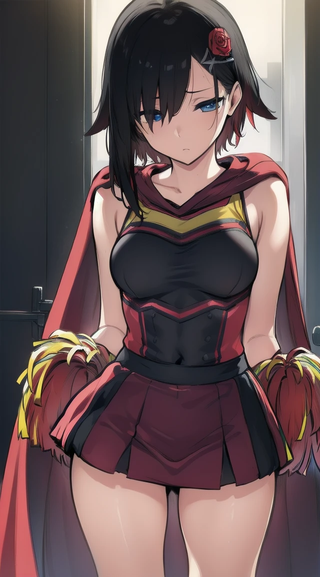 1girl,((black red multicolor hair)),((grey eyes ))
BREAK ((hair ornament, gloves, jewelry, flat breasts, hair ribbon, thighs, , ruby rose, black hair, short hair,ruby_rose, cape, dress, red cape, crescent rose, boots, pantyhose, hood, petals, corset
:1))
BREAK ((blank eyes,cheerleader, mind control,:1.4))
BREAK indoors,
BREAK looking at viewer,
BREAK (masterpiece:1.2), best quality, high resolution, unity 8k wallpaper, (illustration:0.8), (beautiful detailed eyes:1.6), extremely detailed face, perfect lighting, extremely detailed CG, (perfect hands, perfect anatomy),