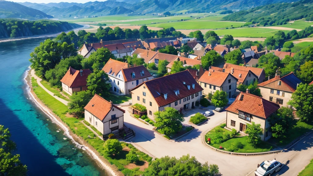 Beautiful village scene, Aerial view, Photorealistic photos. 8K