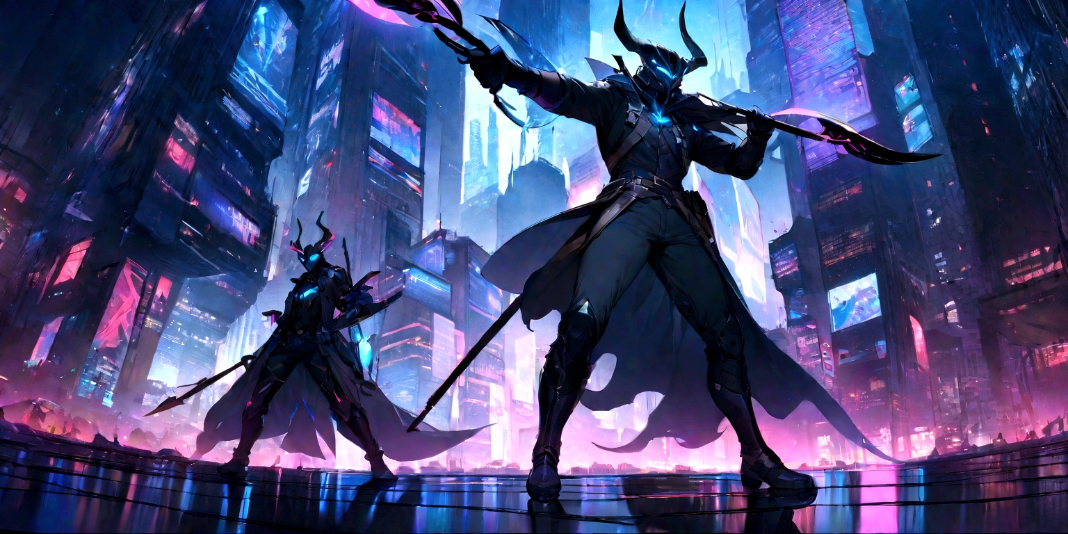 ((masterpiece, Highest quality, Best image quality, High resolution)) A handsome demon hunter holding a bow and arrow、Ready your bow、looking at the camera、 Glowing blue eyes and advanced cybernetic enhancements. The hunter is seen in a dynamic action pose, Neon-lit rooftop, reflection on a smooth surface. The cityscape below is filled with towering skyscrapers., illuminated by colorful holographic advertisements, Shining with blue energy, Mighty power. The overall atmosphere is dark and mysterious., It had a futuristic techno vibe.. The lighting is dramatic, Intense highlights and deep shadows, Creates depth and tension. Color Palette