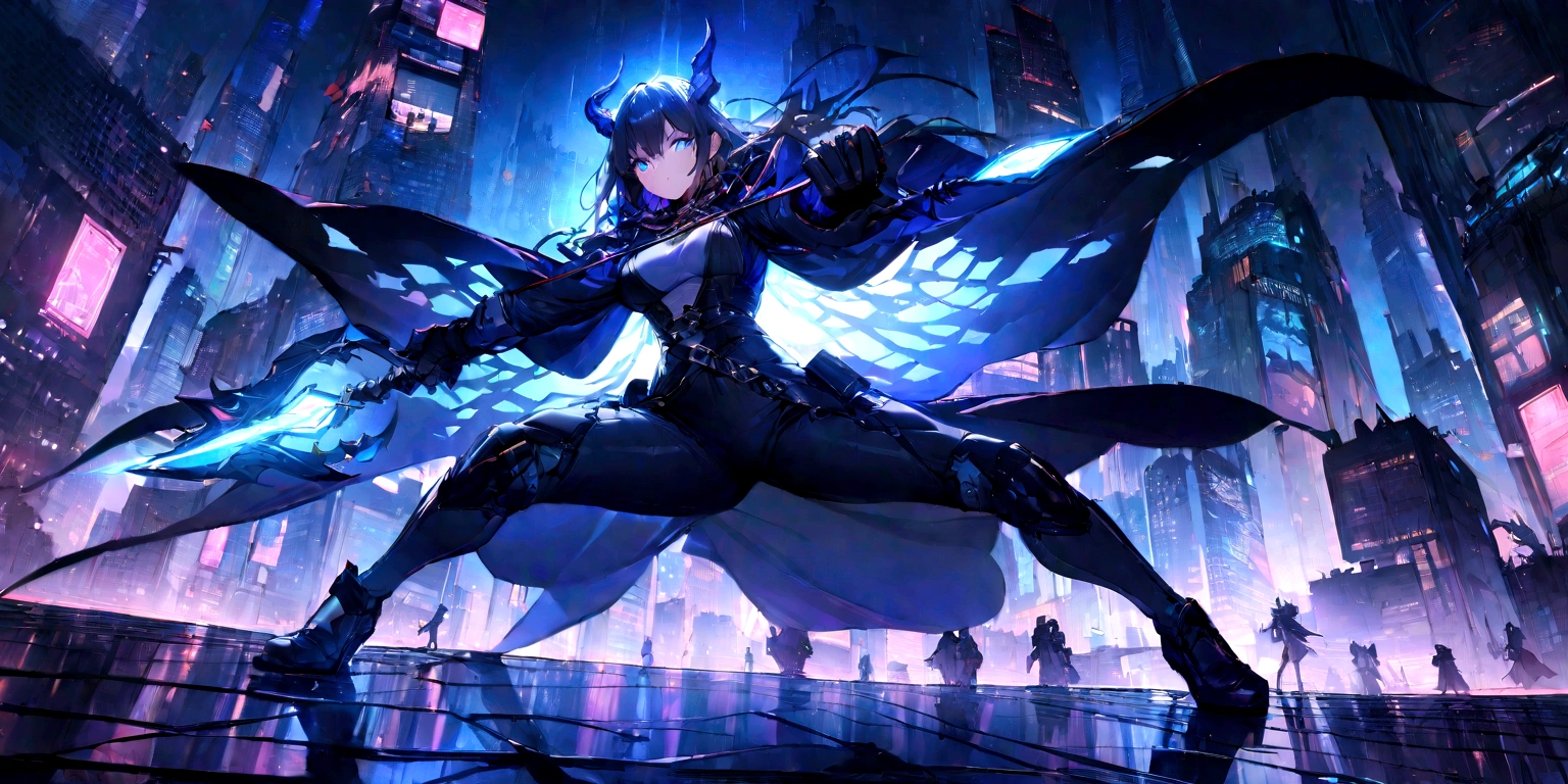 ((masterpiece, Highest quality, Best image quality, High resolution)) A handsome demon hunter holding a bow and arrow、Ready your bow、looking at the camera、 Glowing blue eyes and advanced cybernetic enhancements. The hunter is seen in a dynamic action pose, Neon-lit rooftop, reflection on a smooth surface. The cityscape below is filled with towering skyscrapers., illuminated by colorful holographic advertisements, Shining with blue energy, Mighty power. The overall atmosphere is dark and mysterious., It had a futuristic techno vibe.. The lighting is dramatic, Intense highlights and deep shadows, Creates depth and tension. Color Palette