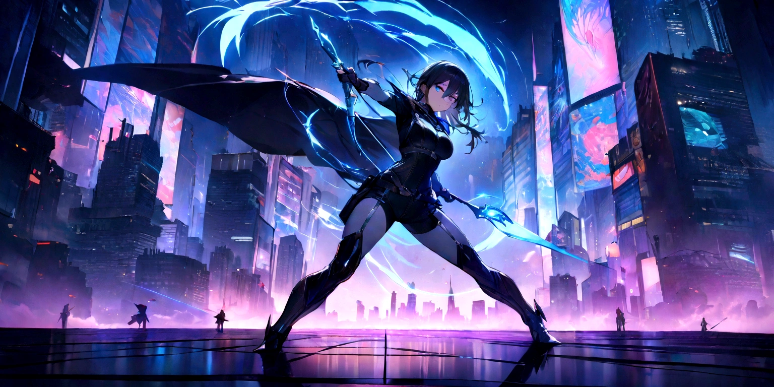 ((masterpiece, Highest quality, Best image quality, High resolution)) A handsome demon hunter holding a bow and arrow、Ready your bow、looking at the camera、 Glowing blue eyes and advanced cybernetic enhancements. The hunter is seen in a dynamic action pose, Neon-lit rooftop, reflection on a smooth surface. The cityscape below is filled with towering skyscrapers., illuminated by colorful holographic advertisements, Shining with blue energy, Mighty power. The overall atmosphere is dark and mysterious., It had a futuristic techno vibe.. The lighting is dramatic, Intense highlights and deep shadows, Creates depth and tension. Color Palette