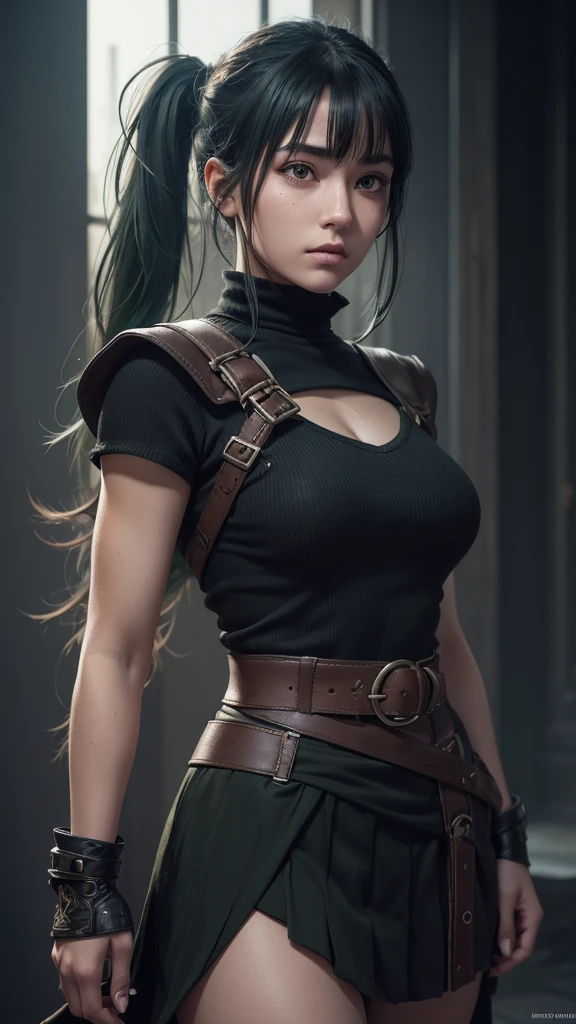 A young female mage with dark green hair sectioned into three groups of bangs, tied into a thick side ponytail, purple droopy eyes with abundant eyelashes, tight-fitting black top with four straps, thick front-clasped belt with two side loops, black thigh-length pleated skirt, black knee-high boots, all with white trims, 1girl, detailed facial features, intricate clothing, cinematic lighting, fantasy, concept art, highly detailed, 8k, photorealistic