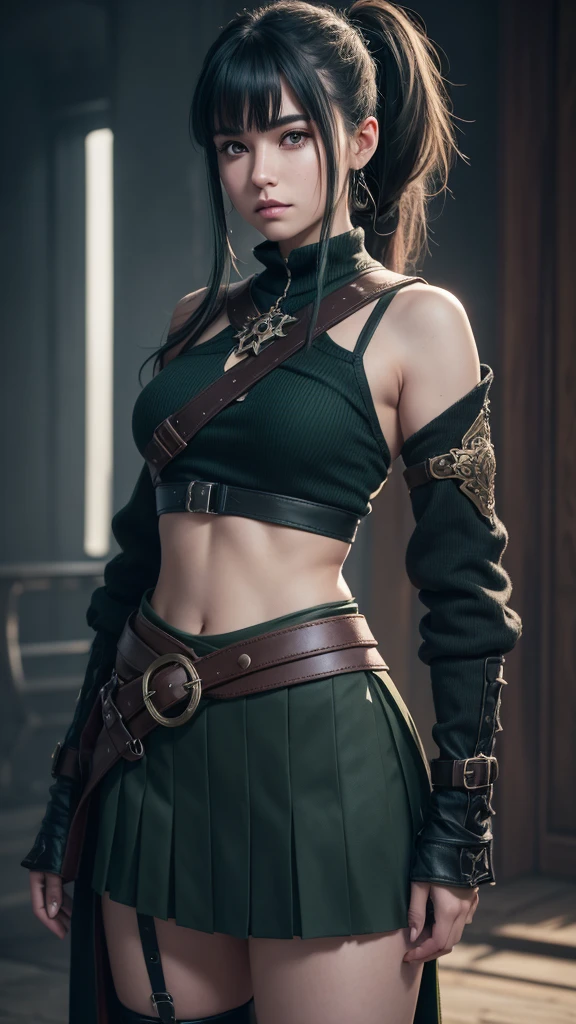 A young female mage with dark green hair sectioned into three groups of bangs, tied into a thick side ponytail, purple droopy eyes with abundant eyelashes, tight-fitting black top with four straps, thick front-clasped belt with two side loops, black thigh-length pleated skirt, black knee-high boots, all with white trims, 1girl, detailed facial features, intricate clothing, cinematic lighting, fantasy, concept art, highly detailed, 8k, photorealistic