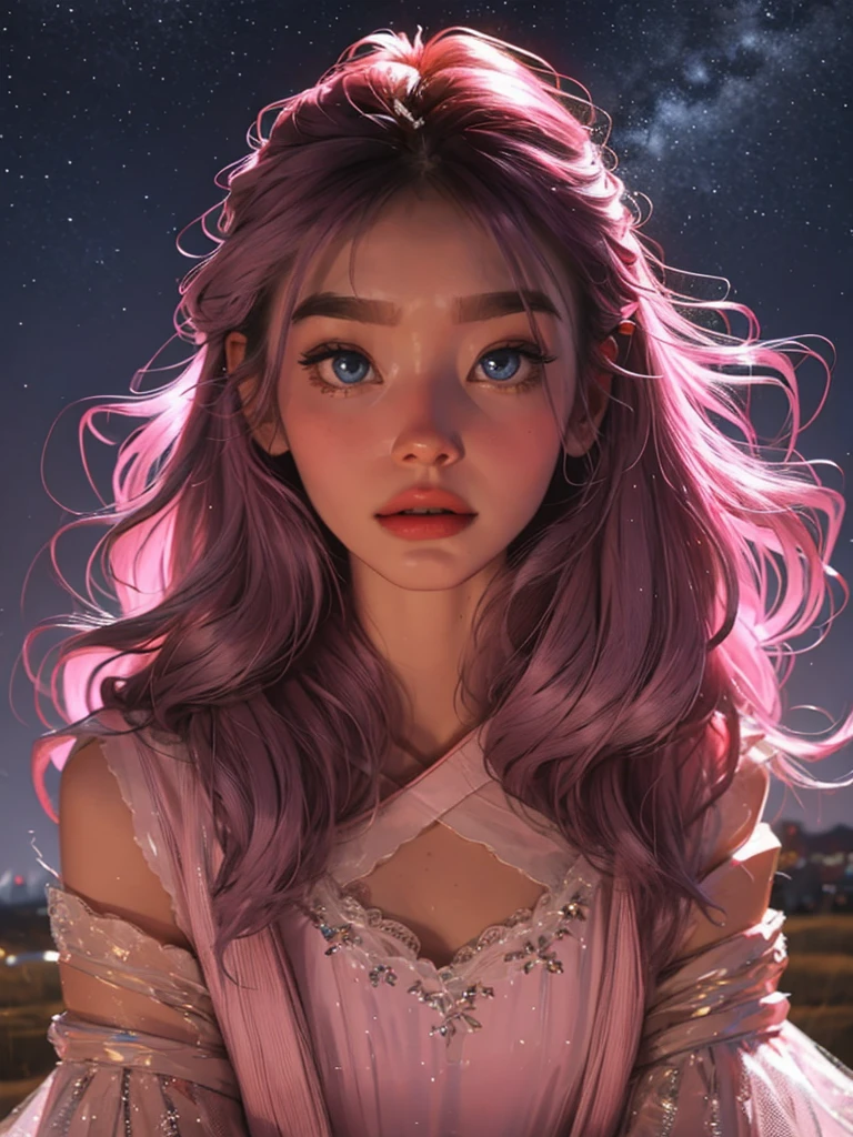 young woman, face close up, pink dress, milky developing hair, starry sky, big beautiful eyes