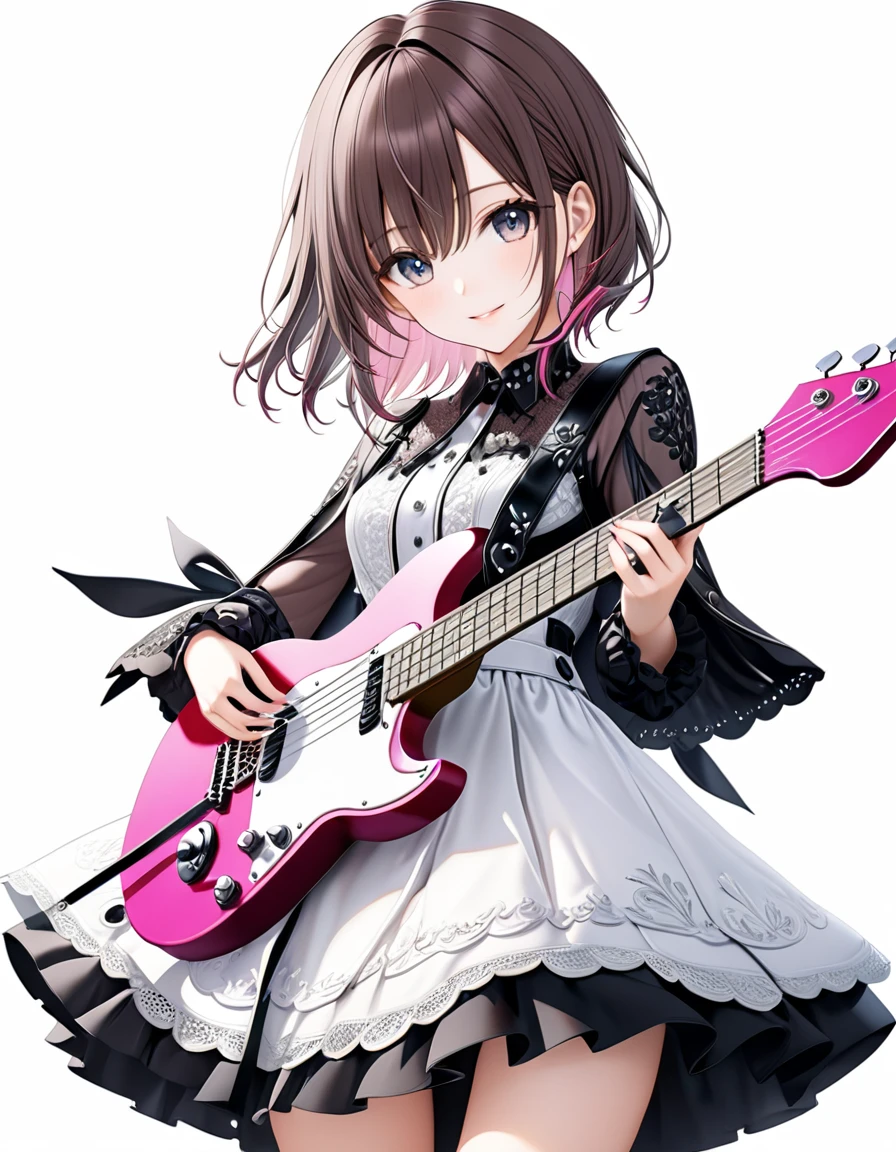 (((White background:1.5)))、(very wide shot)、(masterpiece、Ultra HD、Highest quality、Masterpiece、４K:1.2)、Slender body、Holding a white electric guitar in one hand,Scandinavian Metal Girl, A gentle gaze at the camera, Intricate details, Highly detailed eyes, Highly detailed fingers、Brown bob hair、Pink Gothic Dress, Intricate details、A kind smile、mini skirt、Are standing
