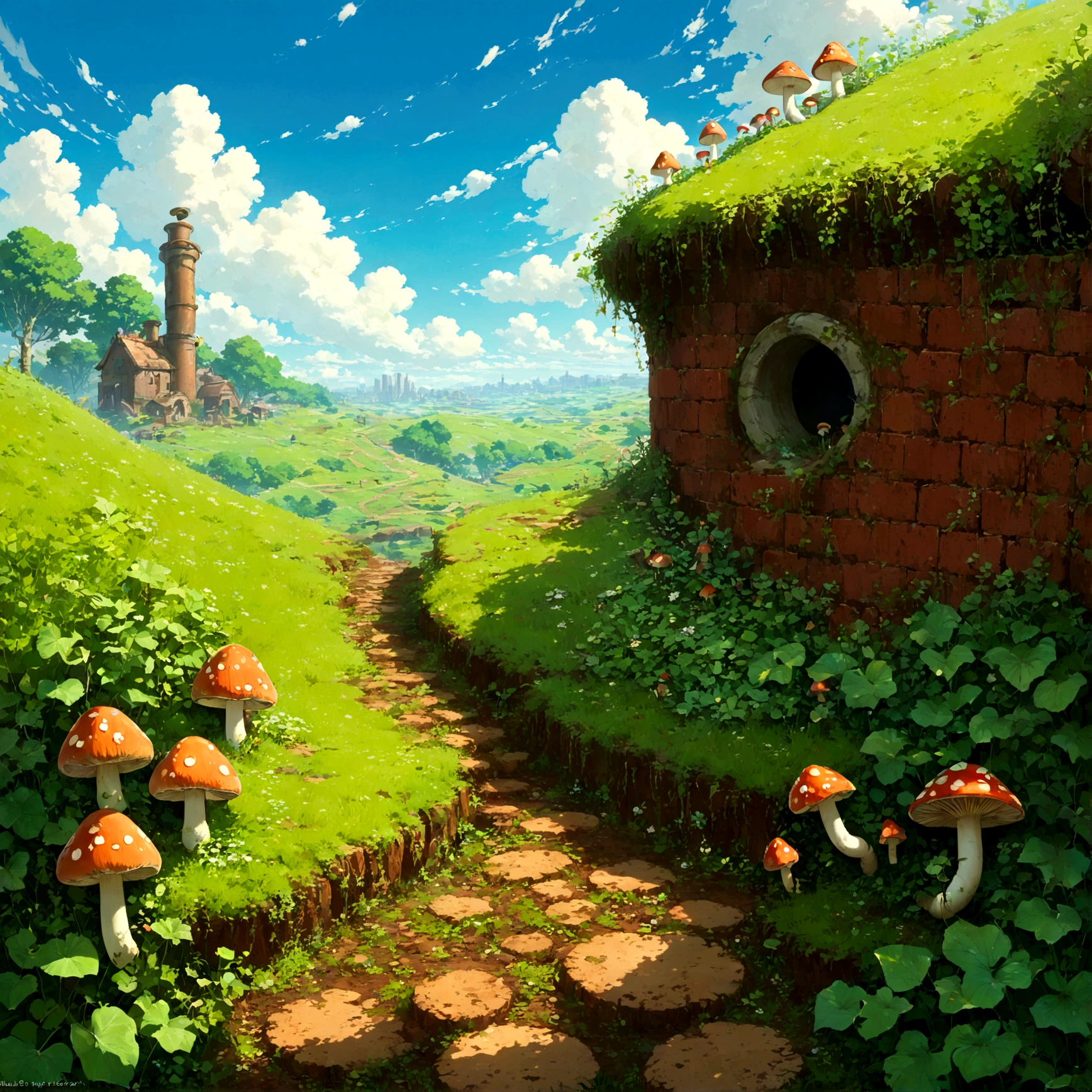 White clouds floating in the blue sky、A vibrant green meadow、Made of brown bricks、見慣れたあのSoil pipes。Soil pipesからは、Ivy with green leaves hangs down、周りには赤いmushroomと緑色のmushroomが生えている。Soil pipesの横には、coinがキラキラと輝き、遠くにはEnemy Charactersの姿も見える。まるでgameの世界から飛び出してきたかのような、A nostalgic and exciting landscape。美しいAnime Scenery, Landscape painting, Beautiful digital painting, Andreas Rocha, Beautiful artwork illustration, Awesome Wallpapers, Raymond Han, Tall beautiful paintings, Studio Ghibli Makoto Shinkai, Beautiful Wallpapers, Anime Scenery, Mario, Soil pipes, game, レトロgame, Green grassland, mushroom, coin, Enemy Characters