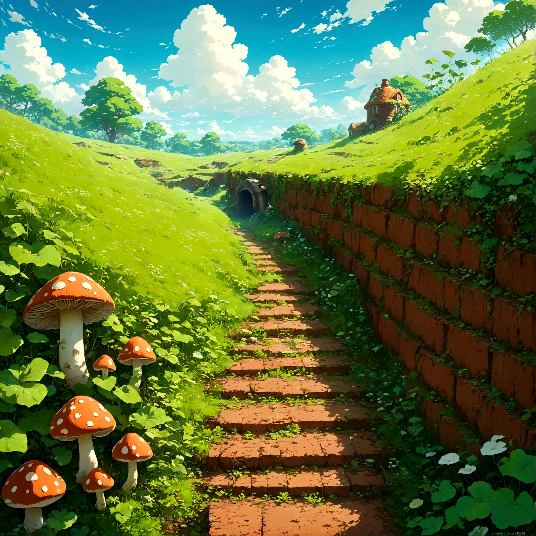 White clouds floating in the blue sky、A vibrant green meadow、Made of brown bricks、見慣れたあのSoil pipes。Soil pipesからは、Ivy with green leaves hangs down、周りには赤いmushroomと緑色のmushroomが生えている。Soil pipesの横には、coinがキラキラと輝き、遠くにはEnemy Charactersの姿も見える。まるでgameの世界から飛び出してきたかのような、A nostalgic and exciting landscape。美しいAnime Scenery, Landscape painting, Beautiful digital painting, Andreas Rocha, Beautiful artwork illustration, Awesome Wallpapers, Raymond Han, Tall beautiful paintings, Studio Ghibli Makoto Shinkai, Beautiful Wallpapers, Anime Scenery, Mario, Soil pipes, game, レトロgame, Green grassland, mushroom, coin, Enemy Characters