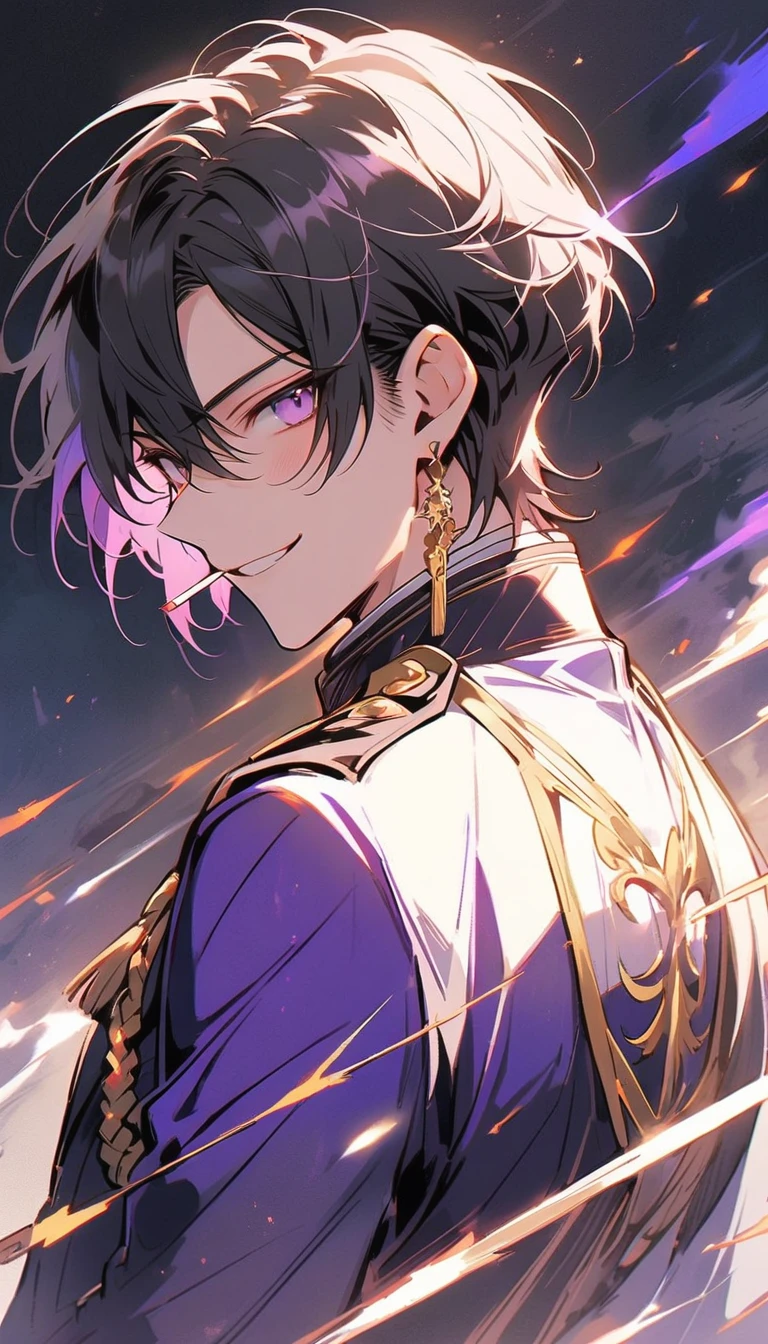 good looking, alone, 1 male, short hair,  Smile Facial,1. Boy with black and purple hair,  Moderate height, Slim body, Long coat, Black lining,good looking, short hair, Black Hair, Rainbow Hair, Purple eyes, 先端がスモーキーグレーのBlack Hair,  smoking, Black light,smile、, Bright, sharp eyes illuminate the scene,uniform,Fewer accessories,whole body,Background white