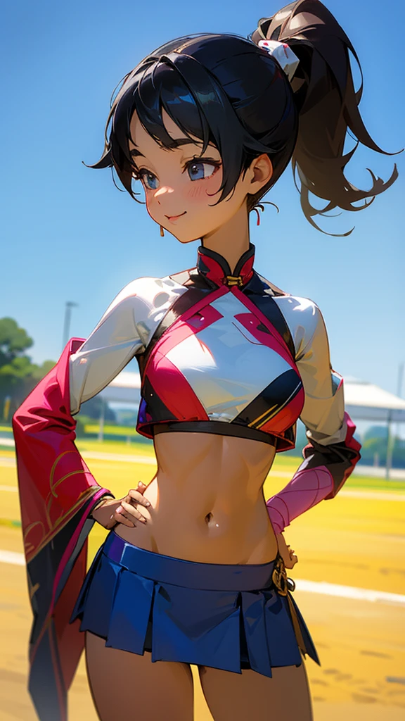 (obra-prima, melhor qualidade: 1.2), tiro de cowboy, solo, 1girl, shihouin yoruichi, sorriso, olhando para o espectador, rabo de cavalo, leotard, coxas, white scarf, (((sem roupas))), lasciva, sexy, pecaminosa