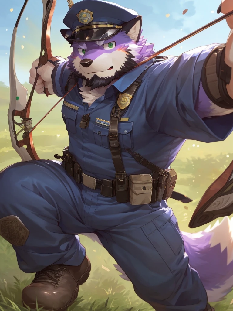 anthro, kemono, male, solo, ((round face, very plump face, thick beard)), (((dark beard))), ((endomorph body type, old-aged, mature)), ((purple fox, fox) fluffy fur, fluffy), (at training camp, field), bokeh, (high quality, highres, masterpiece), (dynamic lighting, vivid color), (calm expression), (face focus), front view (close up), cartoon, (((purple fox))), (((purple fur))), purple hair, beard, white eyebrows, detailed green eyes, tall, steel hunting bow, (((archery armor, military hat, police man, black color outfit, military shoes, police cap, uniform))), by zixiong, by takemoto arashi, by zixiong, (by null-ghost:0.8), (by t.y.stars:0.4), (((action pose))), shooting arrow with a longbow, archery,