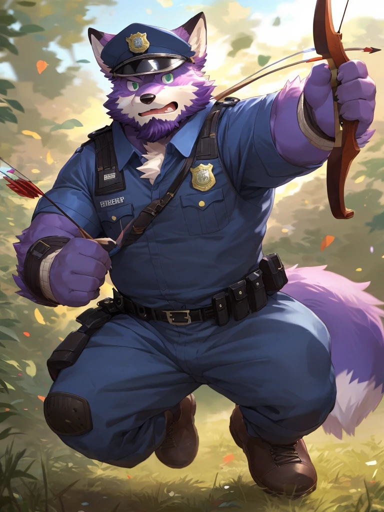 anthro, kemono, male, solo, ((round face, very plump face, thick beard)), (((dark beard))), ((endomorph body type, old-aged, mature)), ((purple fox, fox) fluffy fur, fluffy), (at training camp, field), bokeh, (high quality, highres, masterpiece), (dynamic lighting, vivid color), (calm expression), (face focus), front view (close up), cartoon, (((purple fox))), (((purple fur))), purple hair, beard, white eyebrows, detailed green eyes, tall, steel hunting bow, (((archery armor, military hat, police man, black color outfit, military shoes, police cap, uniform))), by zixiong, by takemoto arashi, by zixiong, (by null-ghost:0.8), (by t.y.stars:0.4), (((action pose))), shooting arrow with a longbow, archery,