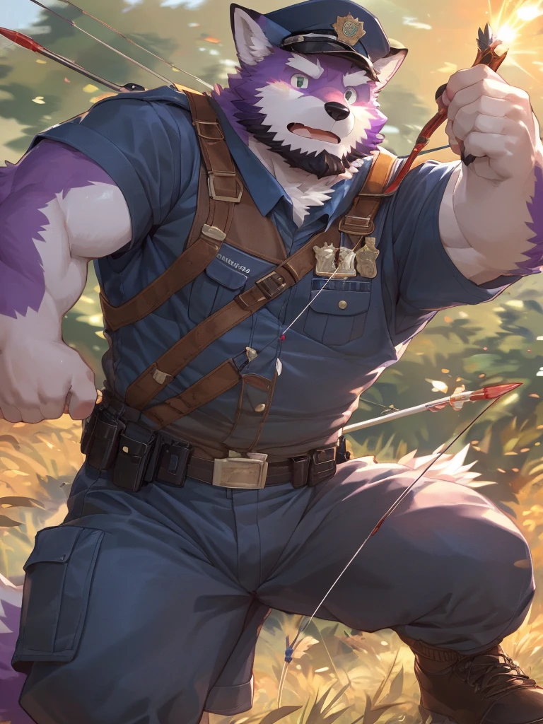 anthro, kemono, male, solo, ((round face, very plump face, thick beard)), (((dark beard))), ((endomorph body type, old-aged, mature)), ((purple fox, fox) fluffy fur, fluffy), (at training camp, field), bokeh, (high quality, highres, masterpiece), (dynamic lighting, vivid color), (calm expression), (face focus), front view (close up), cartoon, (((purple fox))), (((purple fur))), purple hair, beard, white eyebrows, detailed green eyes, tall, steel hunting bow, (((archery armor, military hat, police man, black color outfit, military shoes, police cap, uniform))), by zixiong, by takemoto arashi, by zixiong, (by null-ghost:0.8), (by t.y.stars:0.4), (((action pose))), shooting arrow with a longbow, archery,