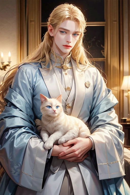 18-year-old,maleの子,male,1 beautiful face,Long hair tied back,Facing forward,Blonde,Blue Eyes,Big eyes,Delicate facial features,Luxurious aristocratic clothing,Slender,elegant,Noble,Highest quality,Detailed depiction,Holding a long-haired cat