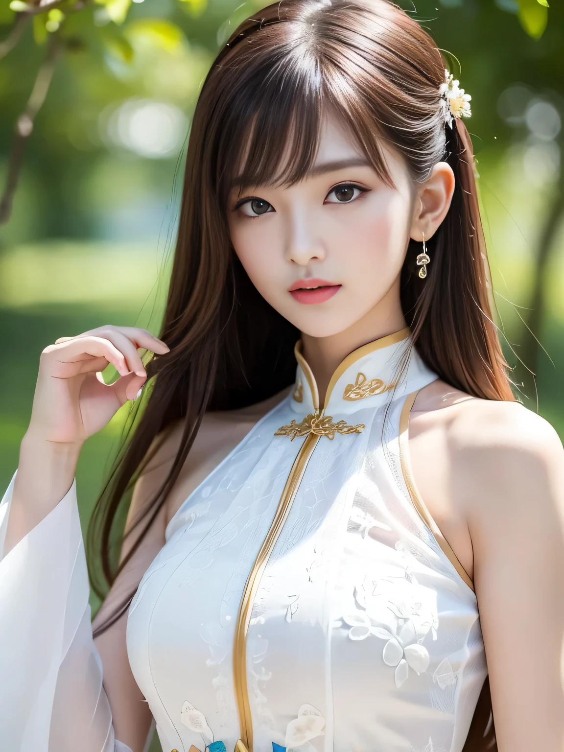 (Best Quality, 8k, 32k, Masterpiece, UHD: 1.3), Attractive Japan Woman Pictures, One Girl, 19 years old , Abs, Perfect Body, Ultra Detailed Face, Detailed Lips, Fine Eyes, Double Eyelids, seductive smile, (white ao dai), light brown hair, bangs, messy hair, elegant pose, sexy girl, Perfect female body, perfect and delicate limbs, Ho Chi Minh City