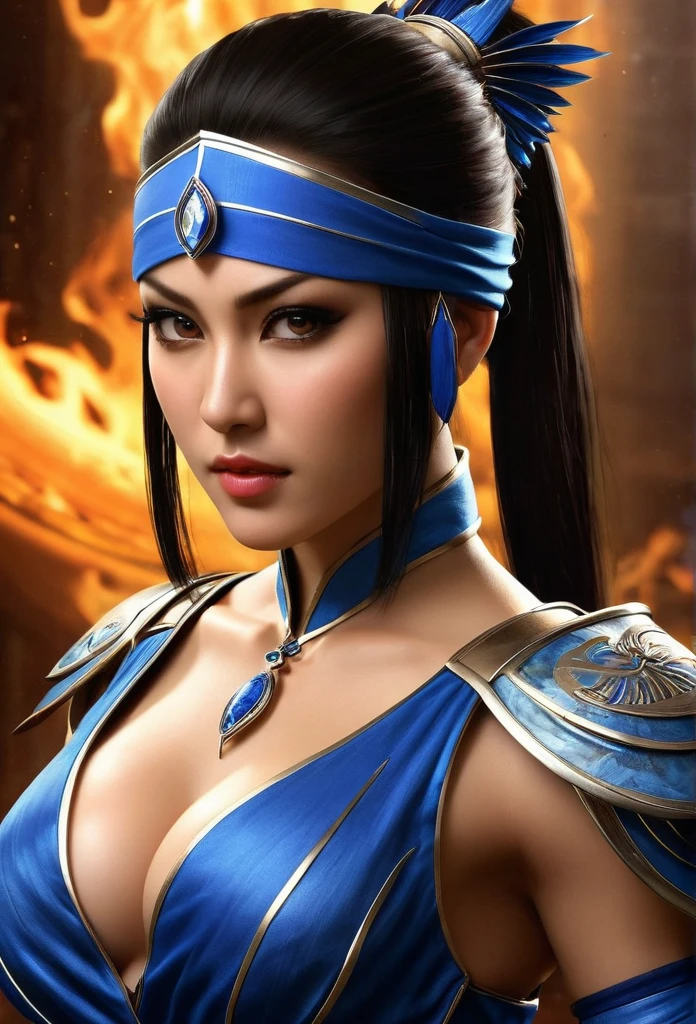 (Hotlexi woman), (best high quality:1.5), ((8k)), extremely detailed, (High details:1.4), Solo, samurai woman with sexy armor and flaming sword clm blue flames, ((hot body, huge breasts:1.2)),