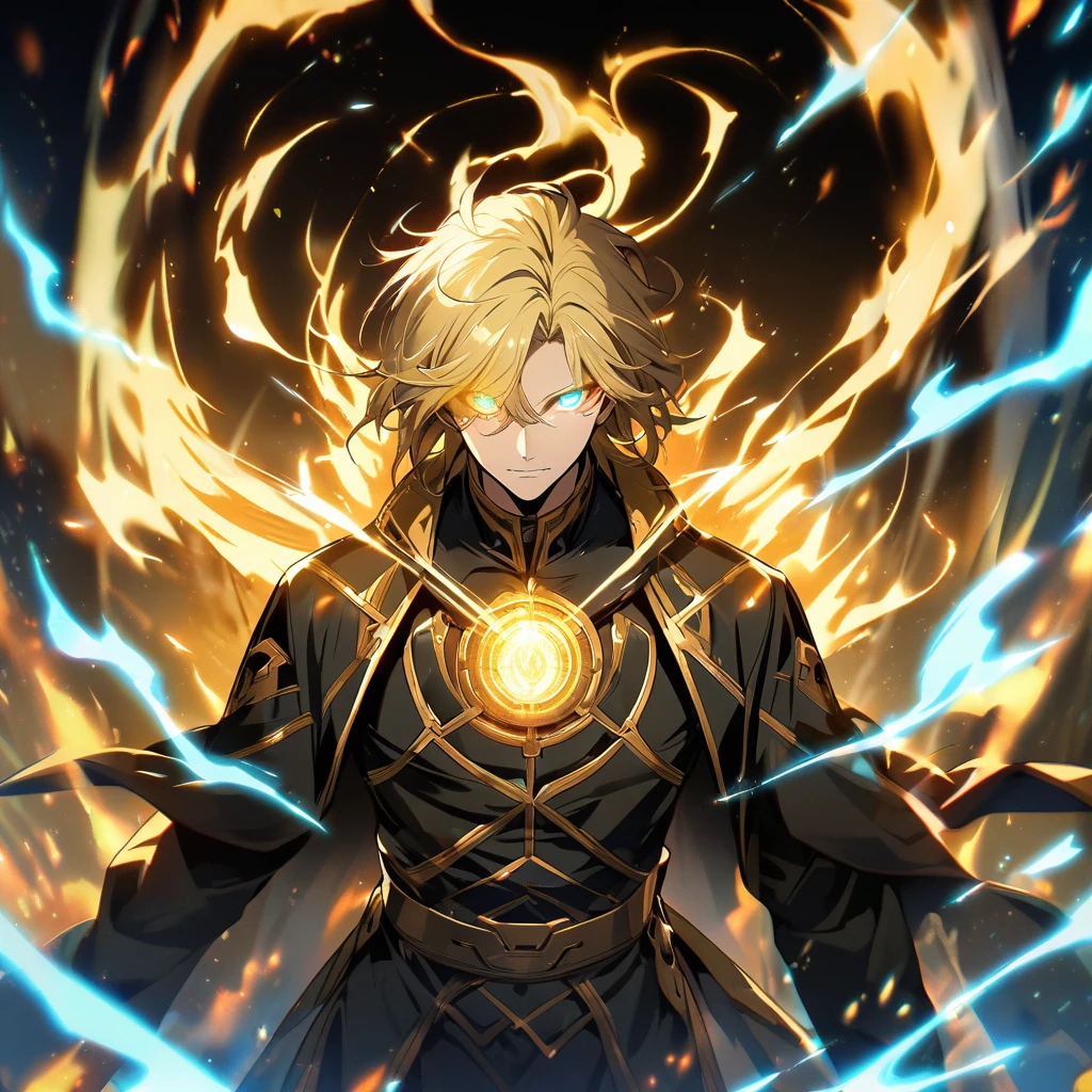 male, solo, handsome, blond hair, god, god eyes, glowing eyes, light, aura, holo, golden