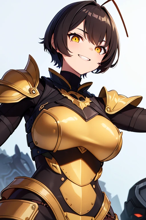 (masterpiece), best quality, expressive eyes, perfect face, a girl with brown skin tone, (two bug antennae), short brown spiky hair, ((dark black sclera)), yellow eyes, smiling, (charp) teeth, organic bug armor clothes, armored chin, armor coverers chest, two red lines around arms, looking at viewer, ((shot from below)), face close up, white bg