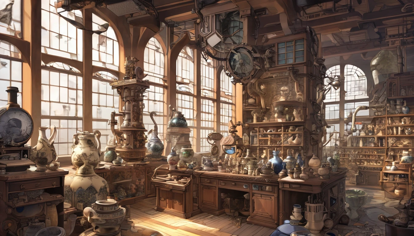 Cover page, High resolution, Highest quality, Highest quality, Paid reward available, An unparalleled masterpiece, Perfect artwork, Absurd, High-quality illustrations, 超High resolution, Detailed Background, Perfect Anatomy(kemono, Furry Personification)A large number of ceramics are on display in the room with many windows., In a cluttered laboratory, In the steampunk laboratory, Fantasy Alchemist's Laboratory, Inside the weapon shop, Alchemist's Library Background, Concept Art, Steampunk Factory Background,