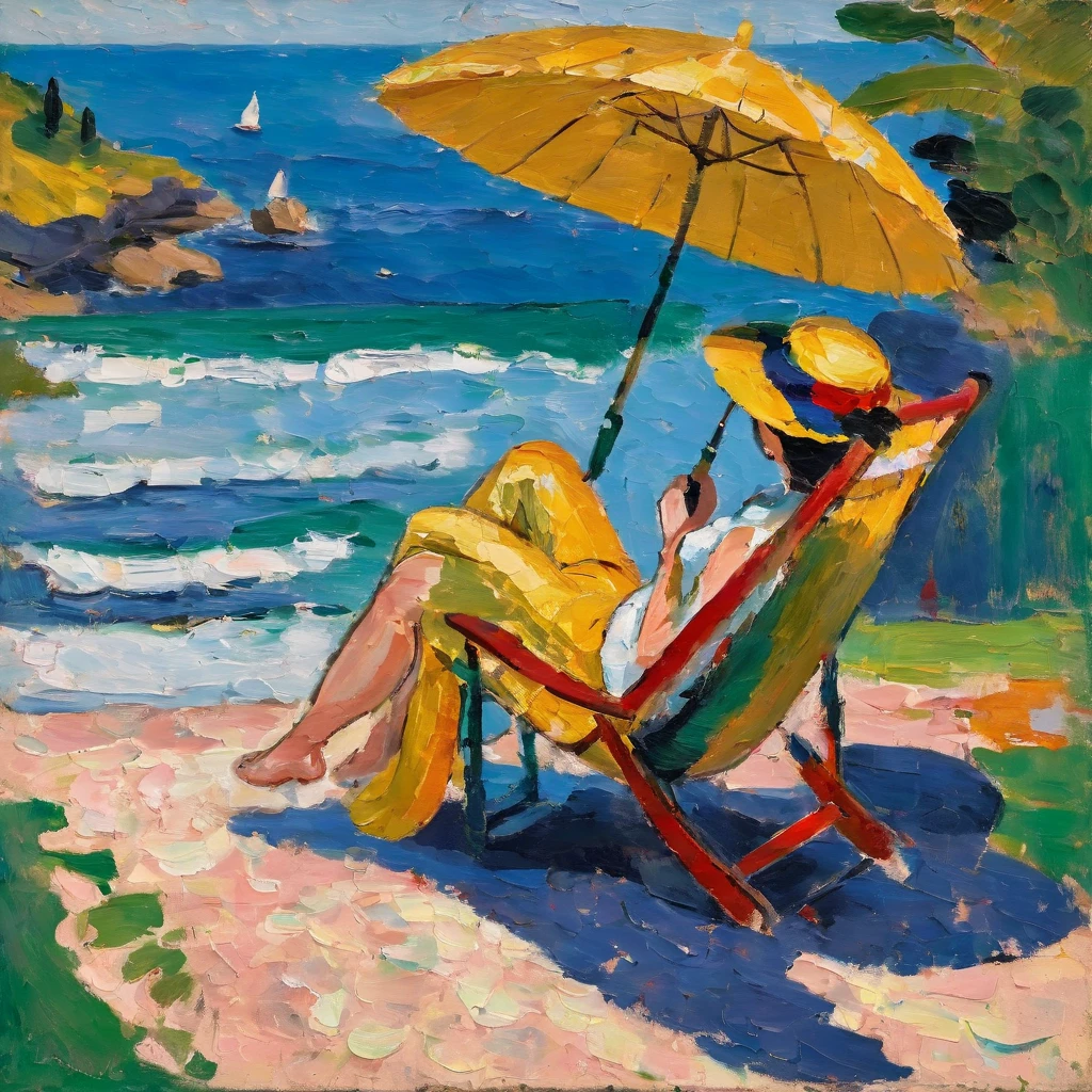 Impasto. Woman sun-bathing on shore in long chair under an umbrella. m4t1 woman hat
thick paint, brush strokes