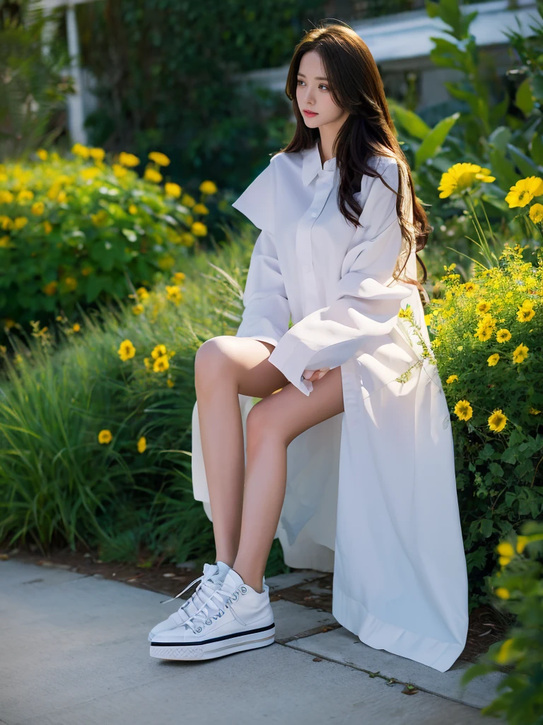 ((masterpiece, Best quality, a high resolution, ultra detailed),(beautiful and aesthetically pleasing:1.2), 1 woman, adult, perfect body, Beautiful, Detailed eyes and face, long oversized shirt, skinny jeans, Converse sneakers, golden hour, Field of Flowers, complex parts, full body 