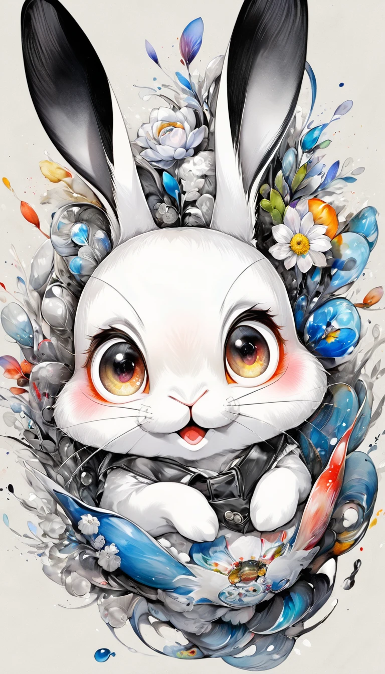 Highest quality, Super quality, 16K, Incredibly absurd, Very detailed, 2.5D, delicate and dynamic, A fusion of watercolor and oil painting, Mixing monochrome and color, Funny rabbit portrait, Cute face, Cute pose