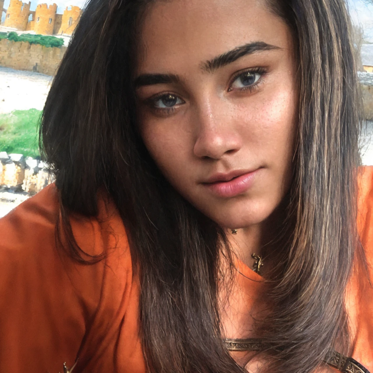 (masterpiece), (extremely intricate:1.3),, (realistic), portrait of a girl, the most beautiful in the world, (medieval armor), metal reflections, upper body, outdoors, intense sunlight, far away castle, professional photograph of a stunning woman detailed, sharp focus, dramatic, award winning, cinematic lighting, octane render, unreal engine, volumetrics dtx, (film grain, bokeh, blurry foreground, blurry background), crest on chest