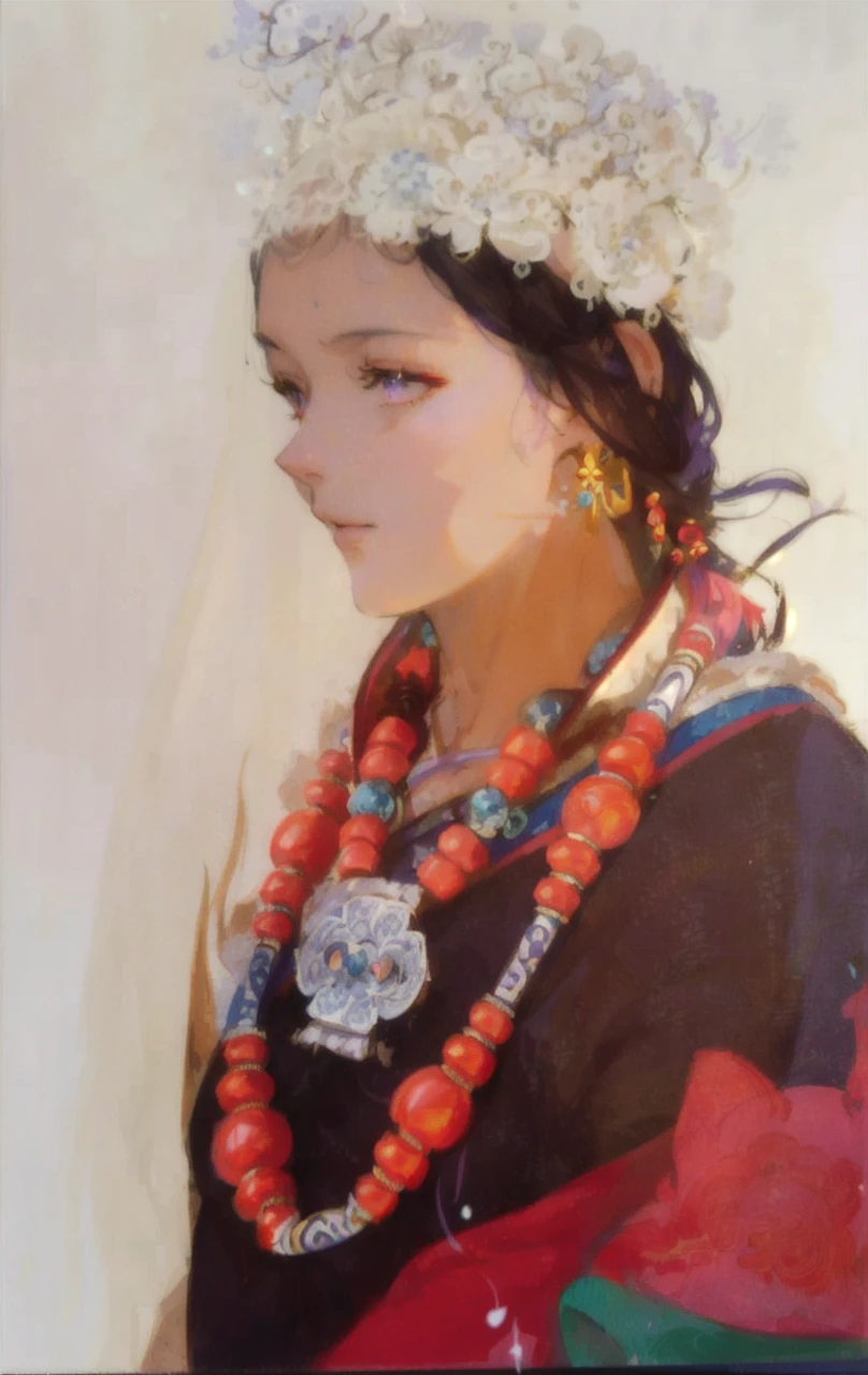girl, purple eyes, blue-white hair color, floating hair, delicate and flexible eyes, intricate damask hanfu, gorgeous accessories, wearing pearl earrings, fov, f/1.8, masterpiece, ancient Chinese architecture, blue sky, flower petals flying, front portrait shot, Chang'e, side lighting, sunlight on people, 8K