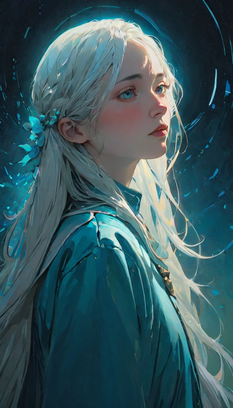 (Front focus),(in the darkness:1.6), 14 years old,Surrealist Portraits of Women by David Hockney and Alphonse Mucha,Fantasy Art, Reality, Dynamic Lighting, Art Station, poster, Volumetric Lighting, Highly detailed face, 4,000 yen, Awards,, A girl, in the darkness, Deep Shadows, humble,Cowboy shooting,(Official uniform:1.4) ,Long hair,White hair,