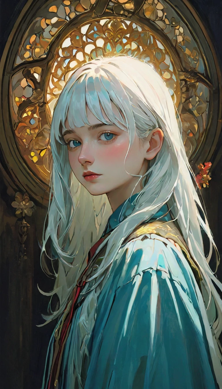 (Front focus),(in the darkness:1.6), 14 years old,Surrealist Portraits of Women by David Hockney and Alphonse Mucha,Fantasy Art, Reality, Dynamic Lighting, Art Station, poster, Volumetric Lighting, Highly detailed face, 4,000 yen, Awards,, A girl, in the darkness, Deep Shadows, humble,Cowboy shooting,(Official uniform:1.4) ,Long hair,White hair,