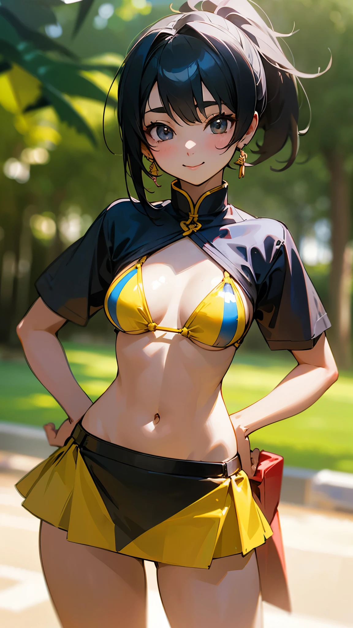 1 Girl、、Sharp focus、(Bokeh) (Highest quality) (Detailed skin:1.3) (Intricate details) (anime)、Black Hair, Side Ponytail、18-year-old、(Please put your hands on your hips)、chest、Slim figure、bikini、A pareo skirt with bold ethnic patterns and plenty of primary colors、Realistic Skin、Shiny skin, Sunburned skin、Cowboy Shot、Side body、smile、smile、Park in the background、Soft lighting