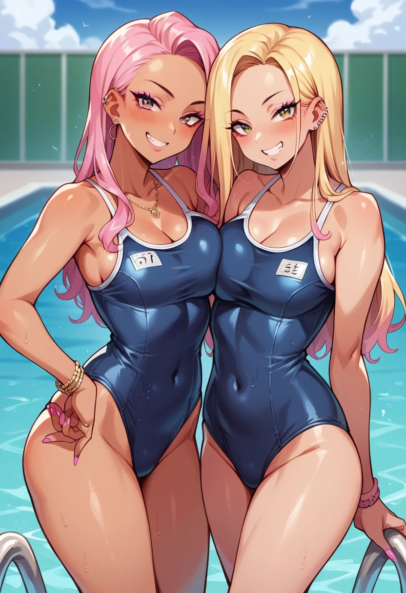 ((sexy 2girl ,gyaru))nsfw,glamorous, smiling, flushed face, stand, forehead,  school swimsuit, looking at viewer,stand,pool side