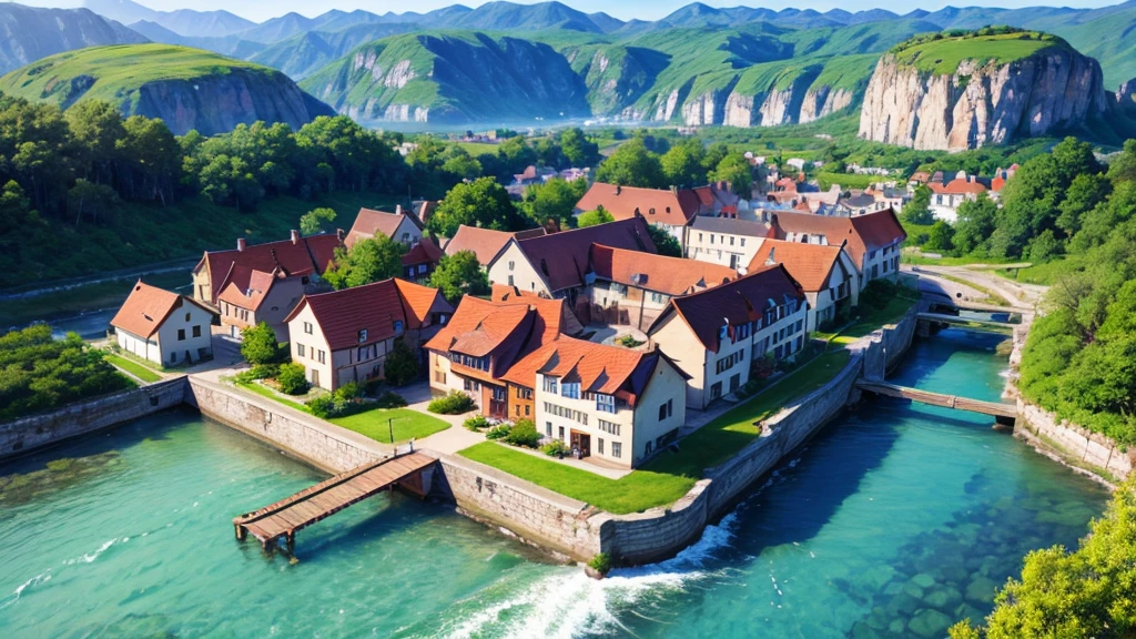 Beautiful village scene, Aerial view, Photorealistic photos. 8K
